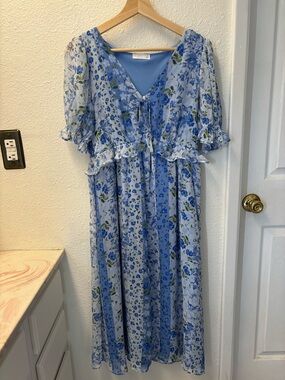 LC Lauren Conrad Blue Floral Maxi Dress with Ruffle Trim